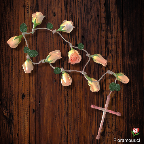 Denario 10 Rosas naturales y cruz rústica. Elemento ceremonial de presente religioso o complemento para visor interior caja. Seleccione color de rosas.